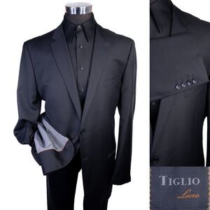Tiglio Luxe MERINOS 150's Wool Solid Black Blazer Sport Suit Jacket 48XL EUC